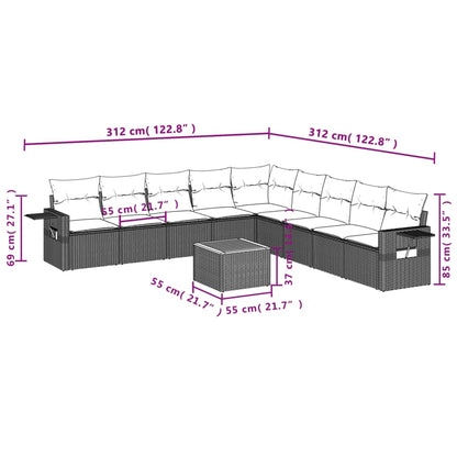 10-tlg. Garten-Sofagarnitur mit Kissen Grau Poly Rattan