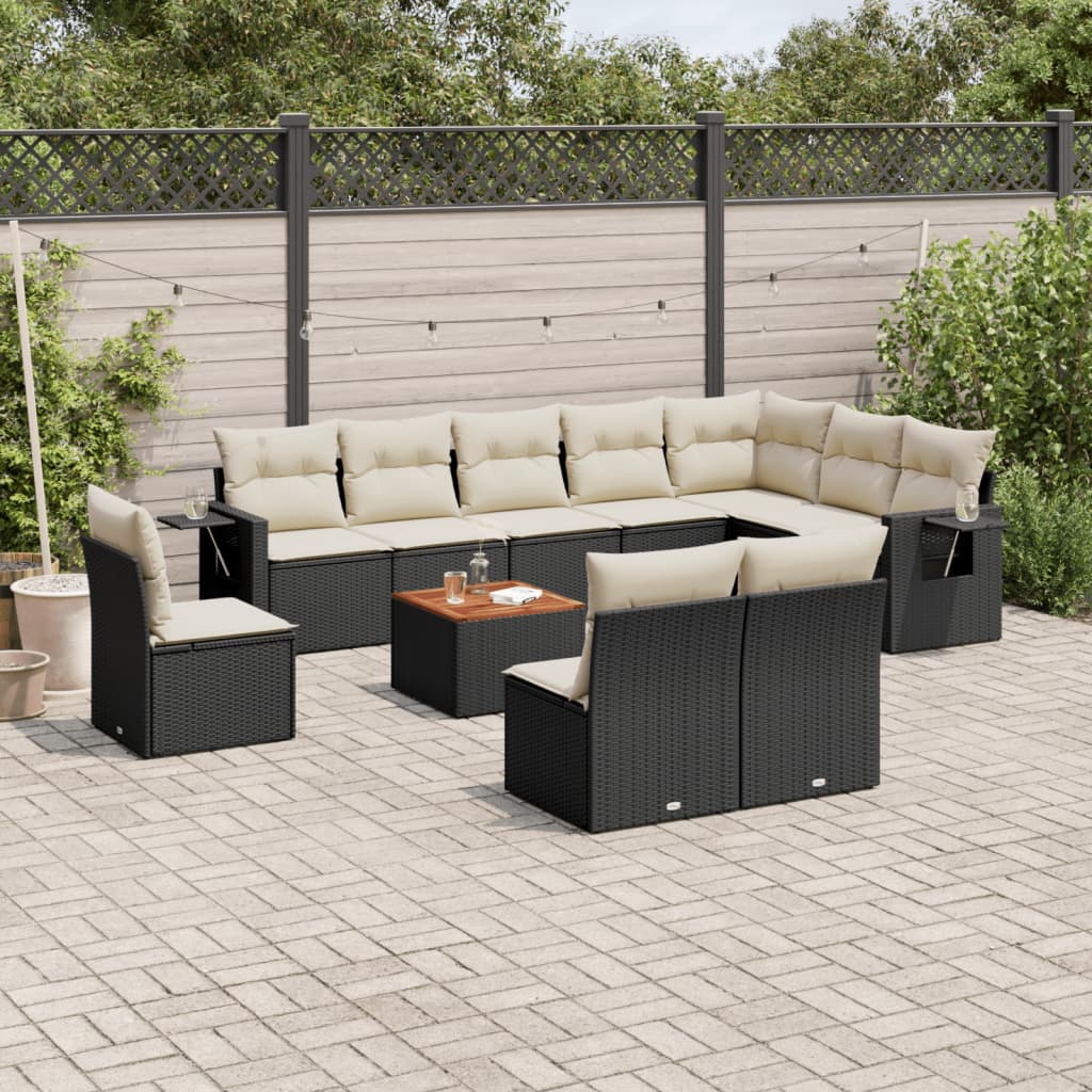 11-tlg. Garten-Sofagarnitur mit Kissen Schwarz Poly Rattan