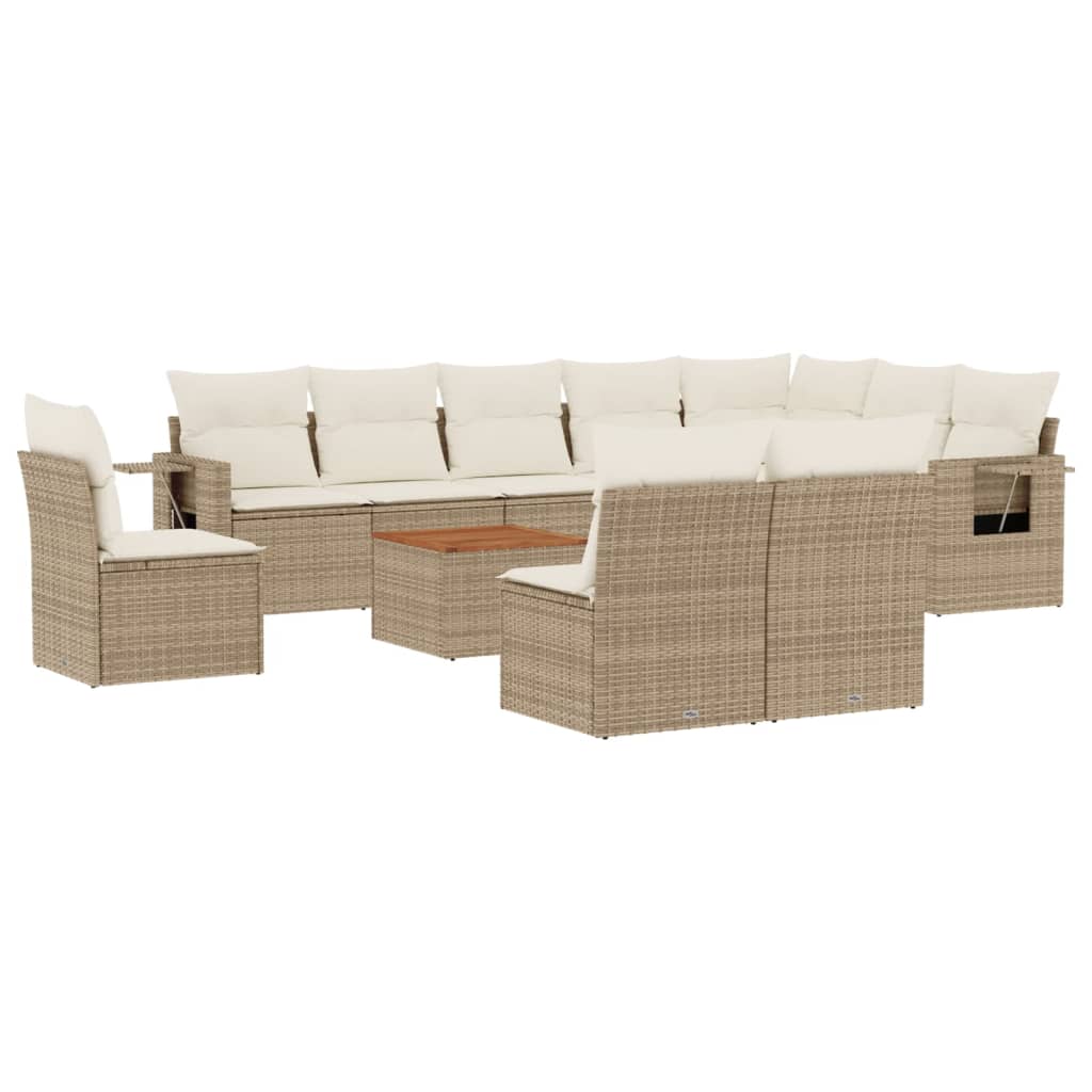 11-tlg. Garten-Sofagarnitur mit Kissen Beige Poly Rattan