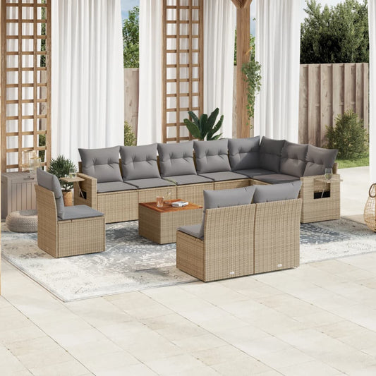 11-tlg. Garten-Sofagarnitur mit Kissen Beige Poly Rattan