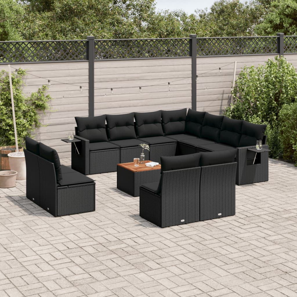 12-tlg. Garten-Sofagarnitur mit Kissen Schwarz Poly Rattan