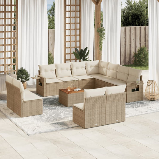 12-tlg. Garten-Sofagarnitur mit Kissen Beige Poly Rattan