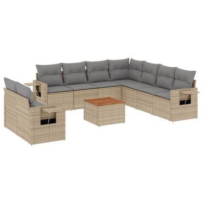 10-tlg. Garten-Sofagarnitur mit Kissen Beige Poly Rattan