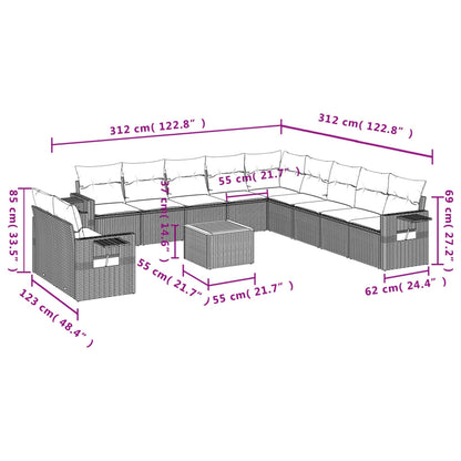 12-tlg. Garten-Sofagarnitur mit Kissen Grau Poly Rattan