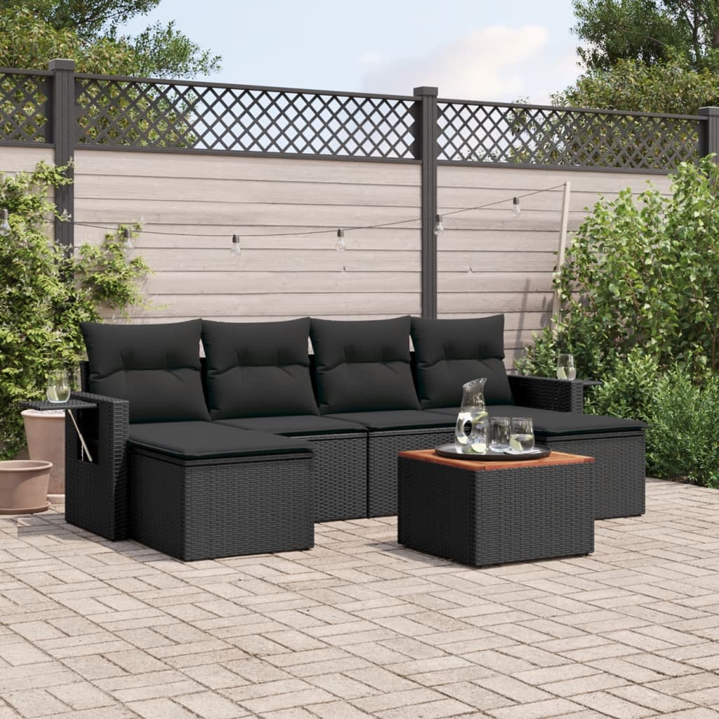 7-tlg. Garten-Sofagarnitur mit Kissen Schwarz Poly Rattan