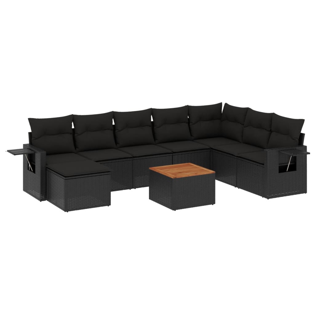 9-tlg. Garten-Sofagarnitur mit Kissen Schwarz Poly Rattan