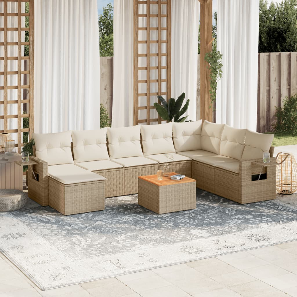 9-tlg. Garten-Sofagarnitur mit Kissen Beige Poly Rattan