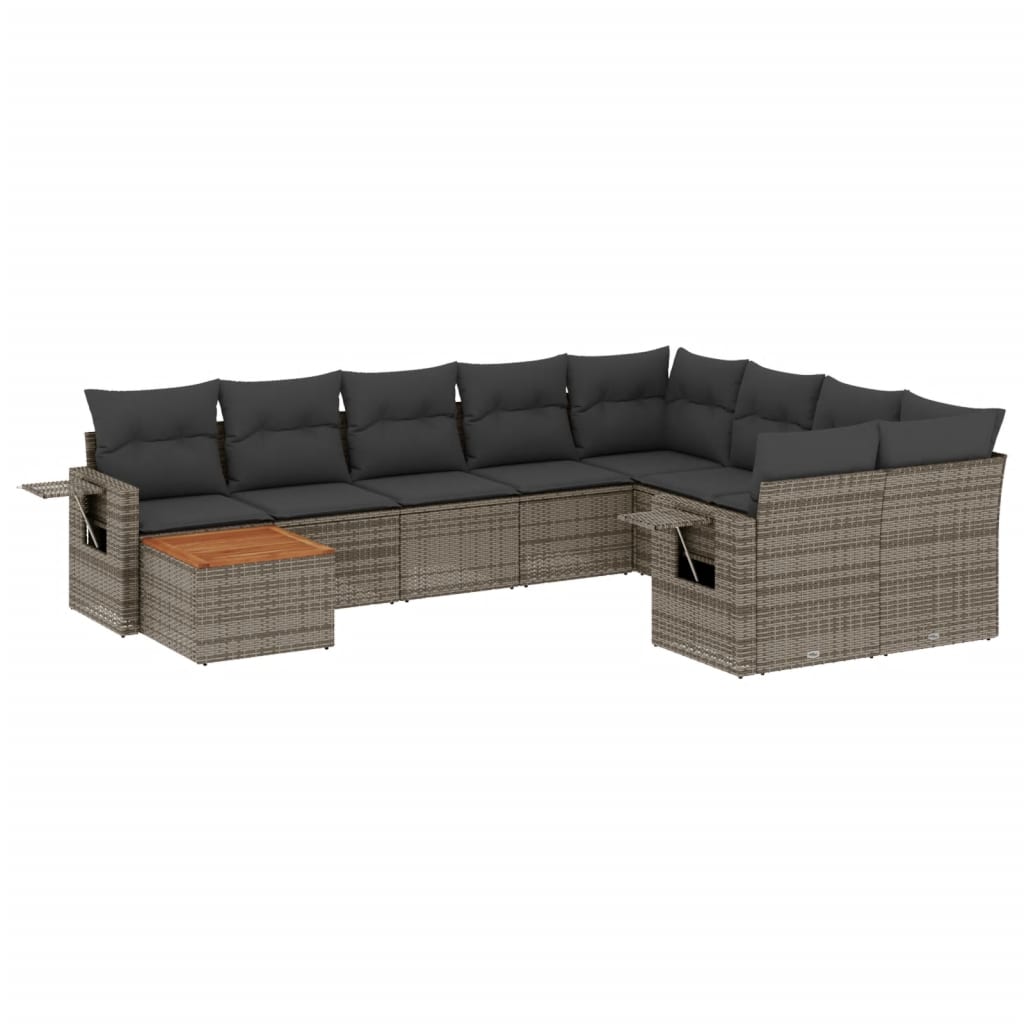 10-tlg. Garten-Sofagarnitur mit Kissen Grau Poly Rattan