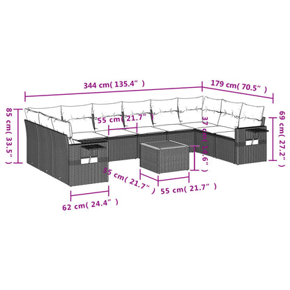 11-tlg. Garten-Sofagarnitur mit Kissen Schwarz Poly Rattan