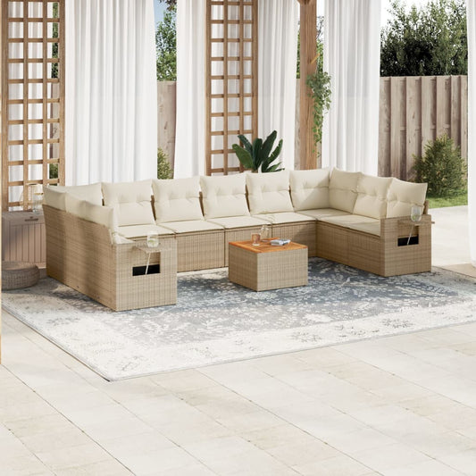 11-tlg. Garten-Sofagarnitur mit Kissen Beige Poly Rattan