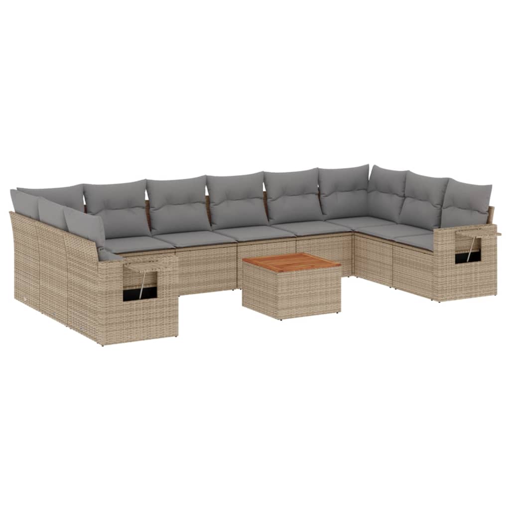 11-tlg. Garten-Sofagarnitur mit Kissen Beige Poly Rattan