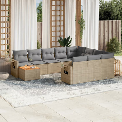 11-tlg. Garten-Sofagarnitur mit Kissen Beige Poly Rattan