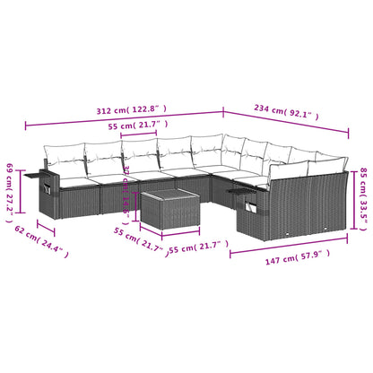 11-tlg. Garten-Sofagarnitur mit Kissen Schwarz Poly Rattan