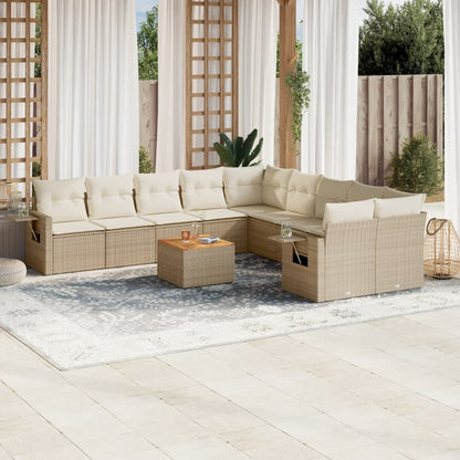 11-tlg. Garten-Sofagarnitur mit Kissen Beige Poly Rattan