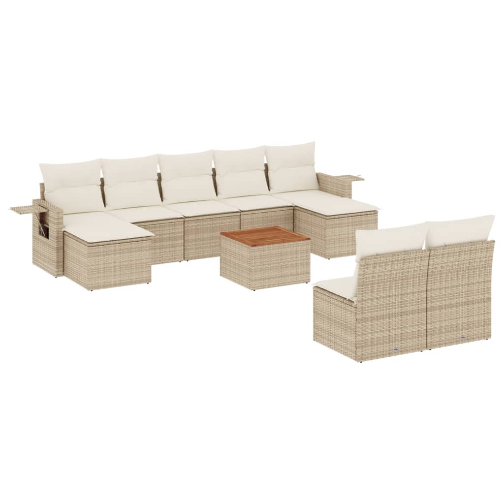 10-tlg. Garten-Sofagarnitur mit Kissen Beige Poly Rattan