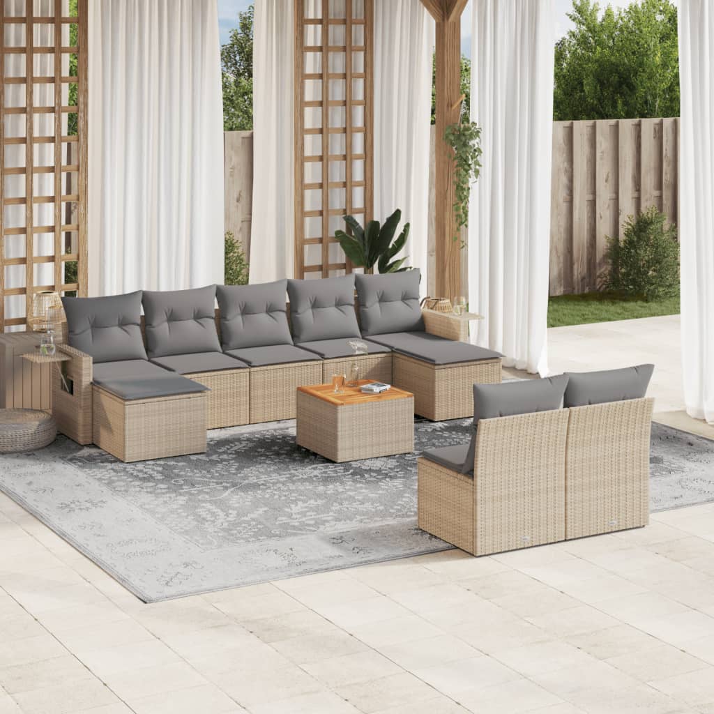 10-tlg. Garten-Sofagarnitur mit Kissen Beige Poly Rattan