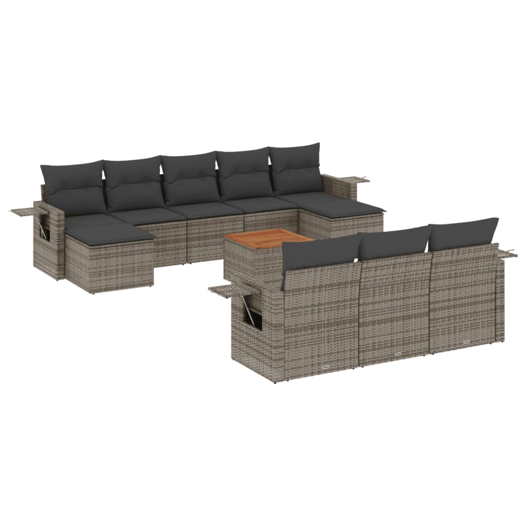 11-tlg. Garten-Sofagarnitur mit Kissen Grau Poly Rattan