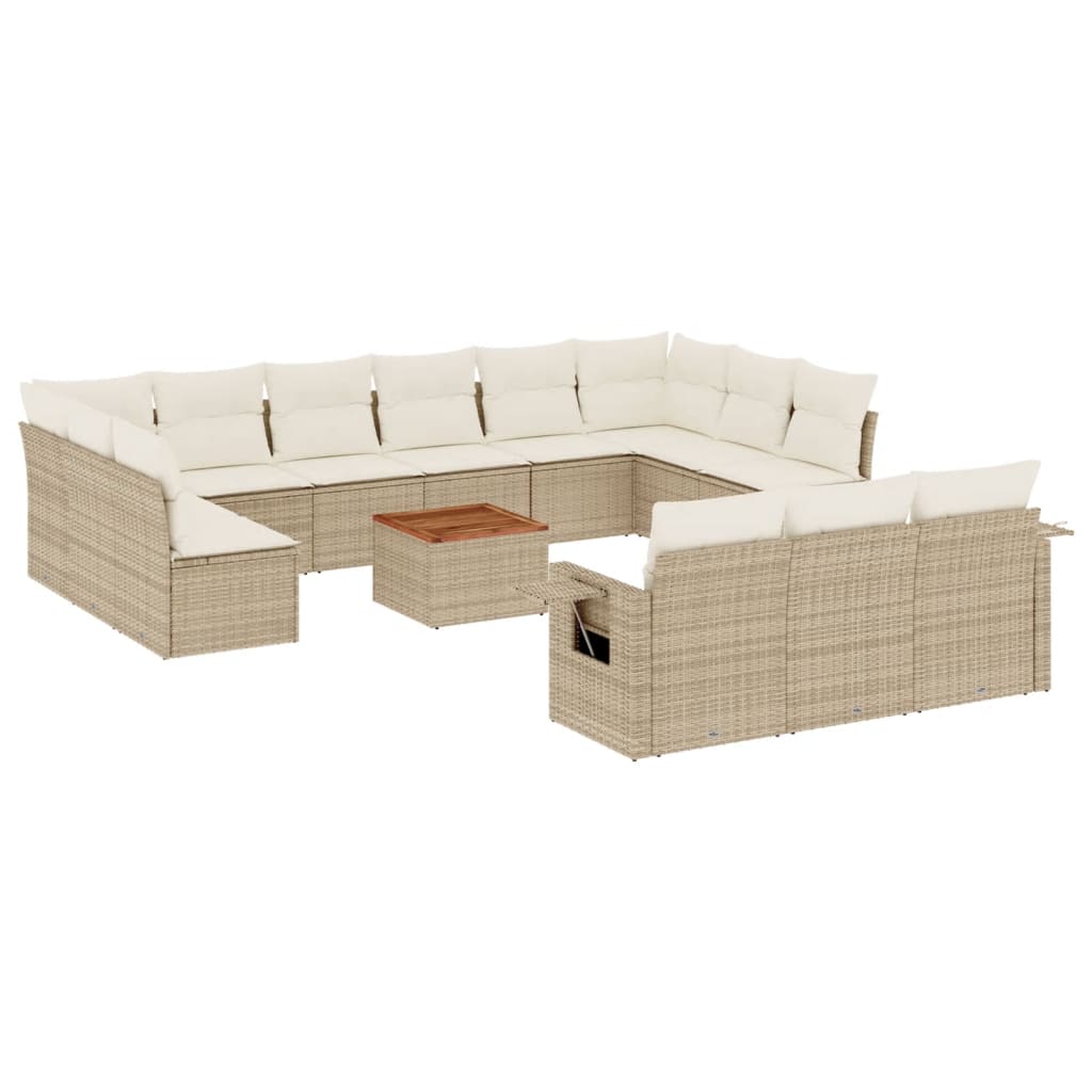 14-tlg. Garten-Sofagarnitur mit Kissen Beige Poly Rattan