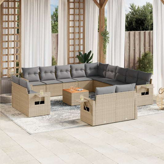 14-tlg. Garten-Sofagarnitur mit Kissen Beige Poly Rattan