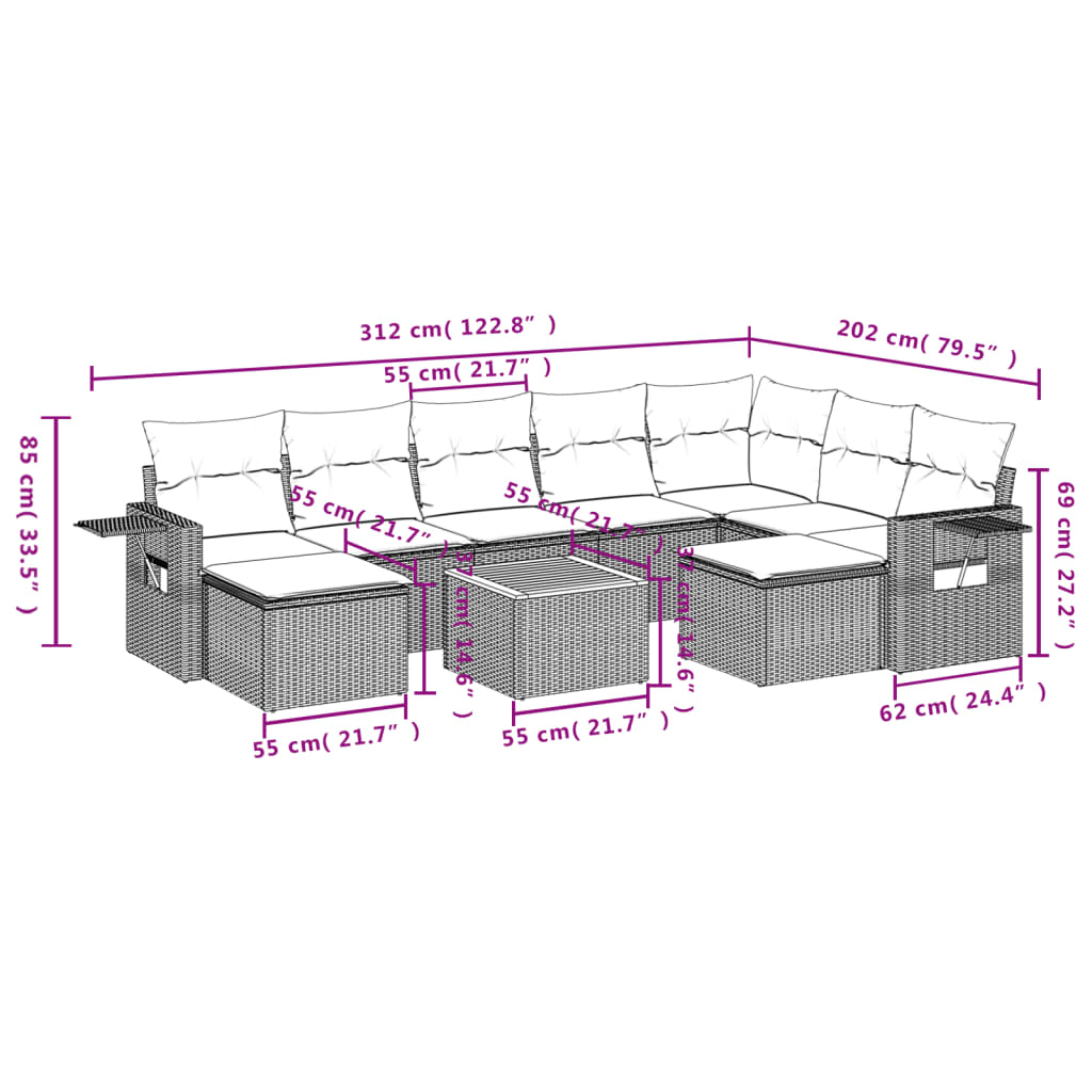 10-tlg. Garten-Sofagarnitur mit Kissen Grau Poly Rattan