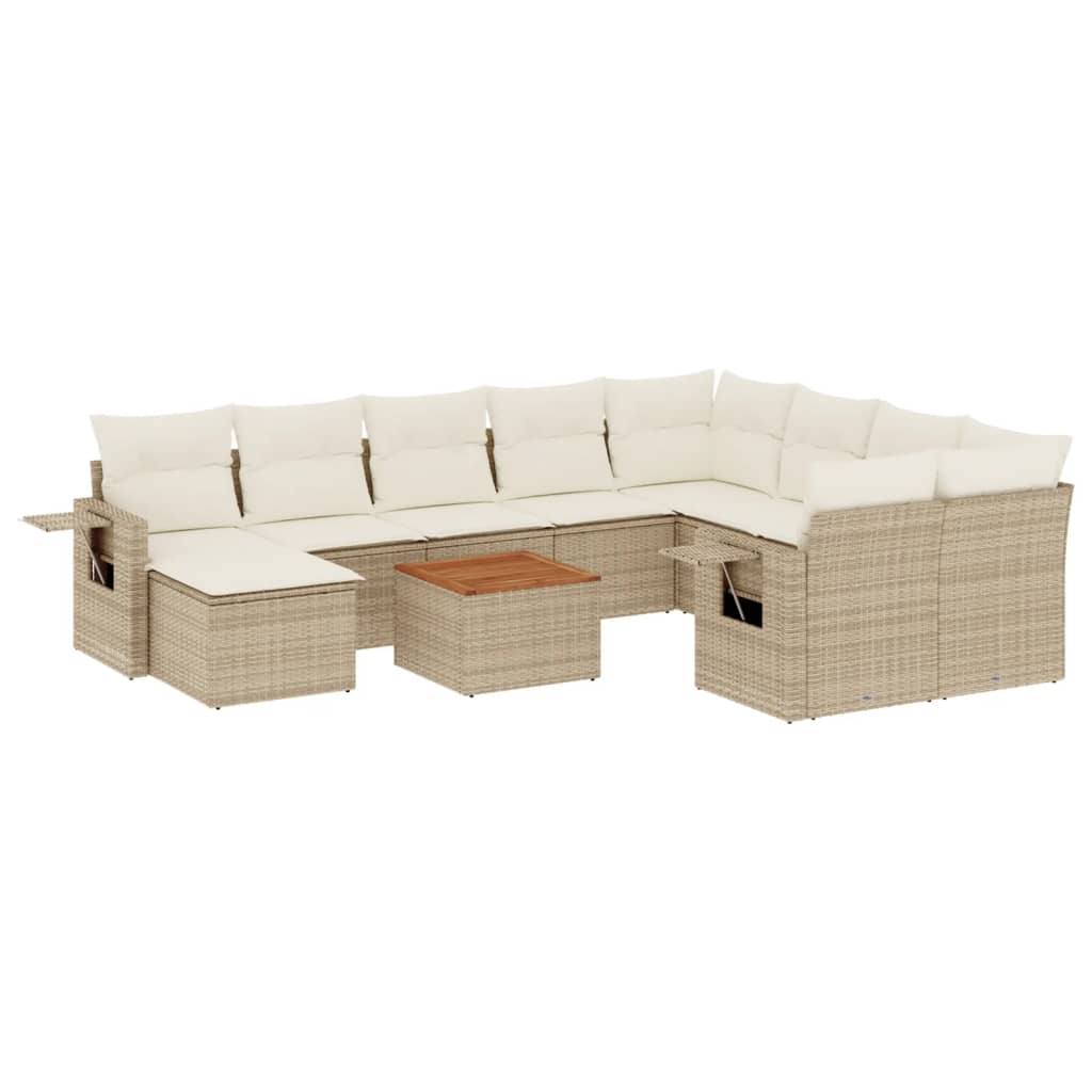 11-tlg. Garten-Sofagarnitur mit Kissen Beige Poly Rattan