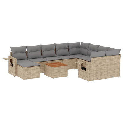 11-tlg. Garten-Sofagarnitur mit Kissen Beige Poly Rattan