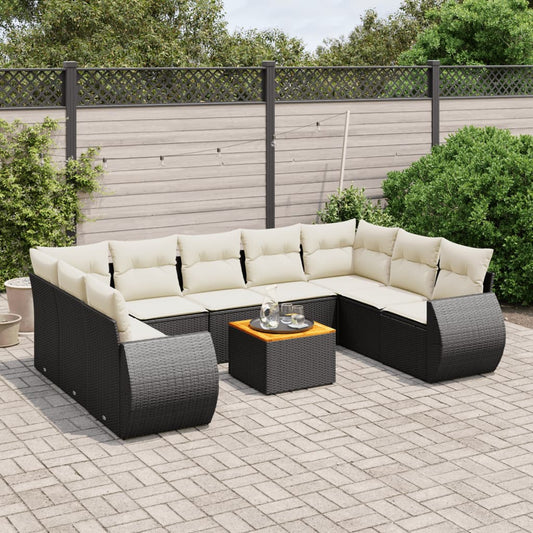 10-tlg. Garten-Sofagarnitur mit Kissen Schwarz Poly Rattan