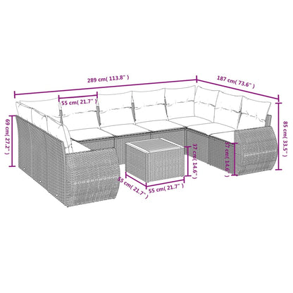 10-tlg. Garten-Sofagarnitur mit Kissen Grau Poly Rattan