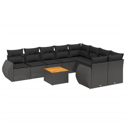 10-tlg. Garten-Sofagarnitur mit Kissen Schwarz Poly Rattan