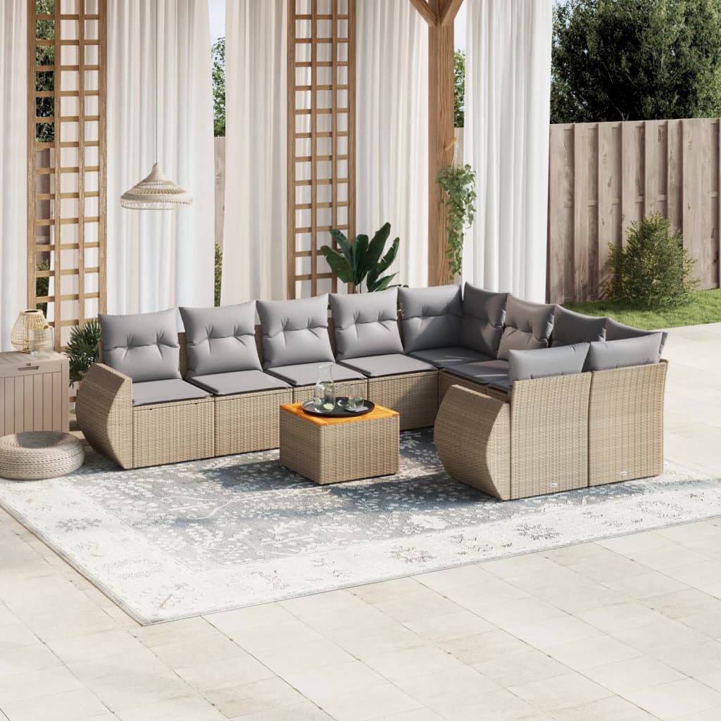 10-tlg. Garten-Sofagarnitur mit Kissen Beige Poly Rattan