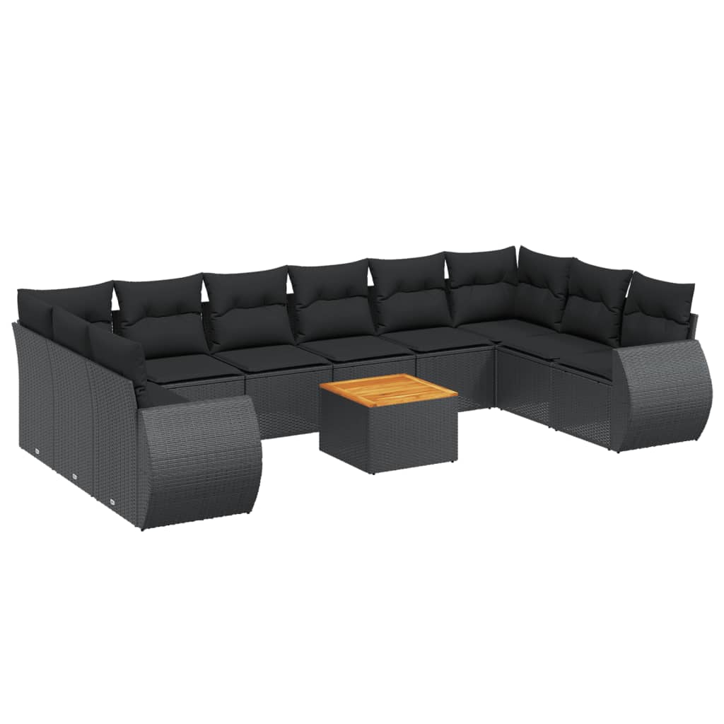 11-tlg. Garten-Sofagarnitur mit Kissen Schwarz Poly Rattan