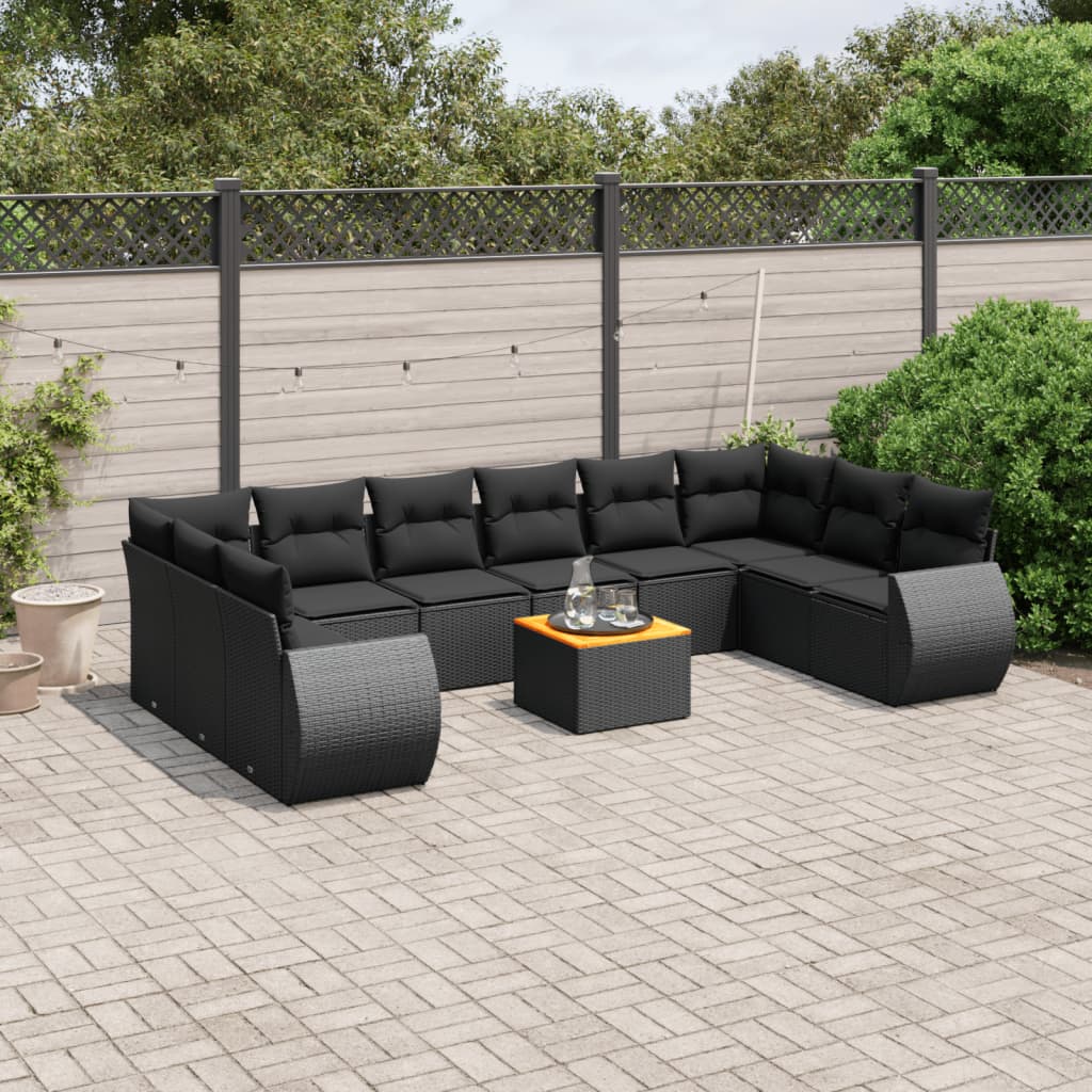 11-tlg. Garten-Sofagarnitur mit Kissen Schwarz Poly Rattan