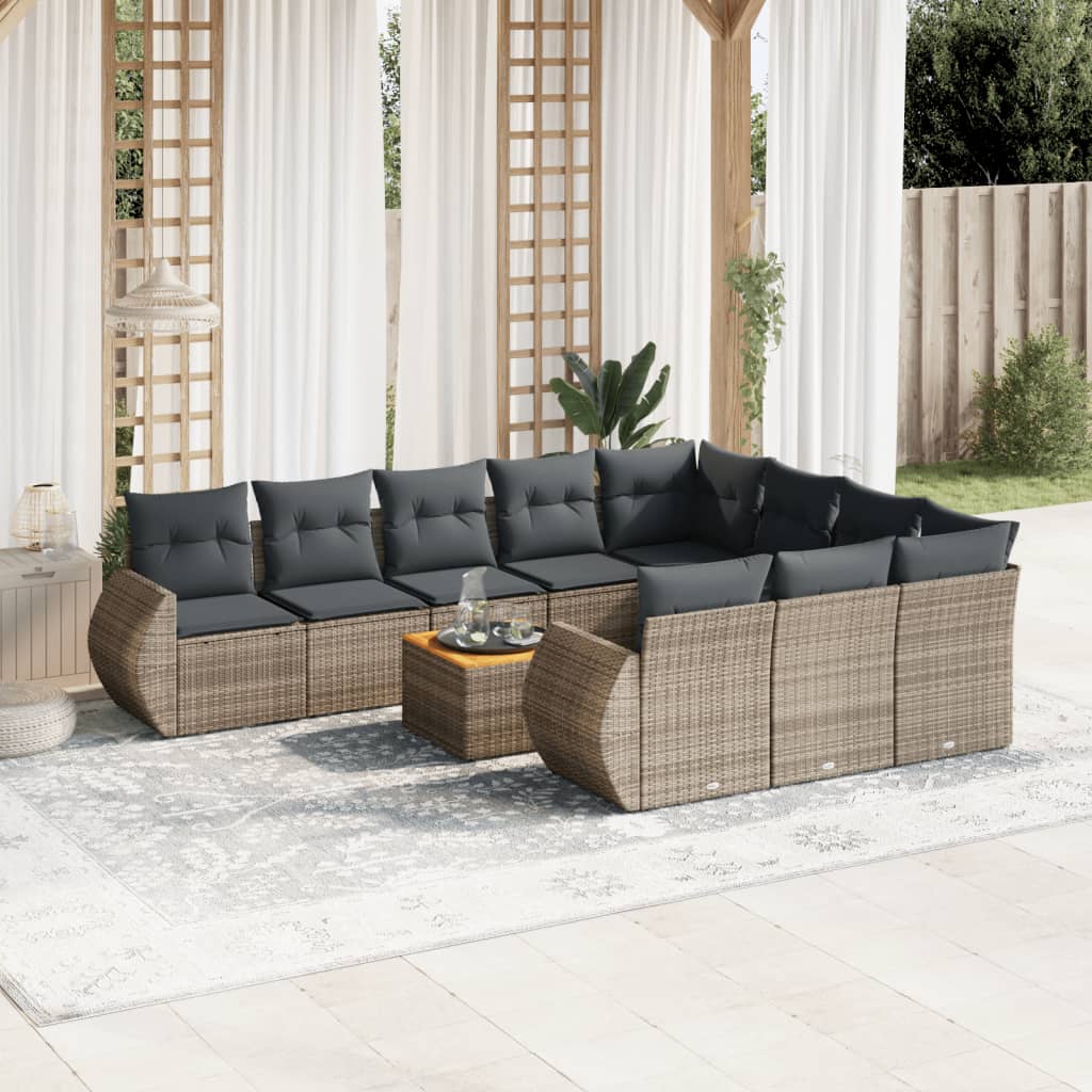 11-tlg. Garten-Sofagarnitur mit Kissen Grau Poly Rattan