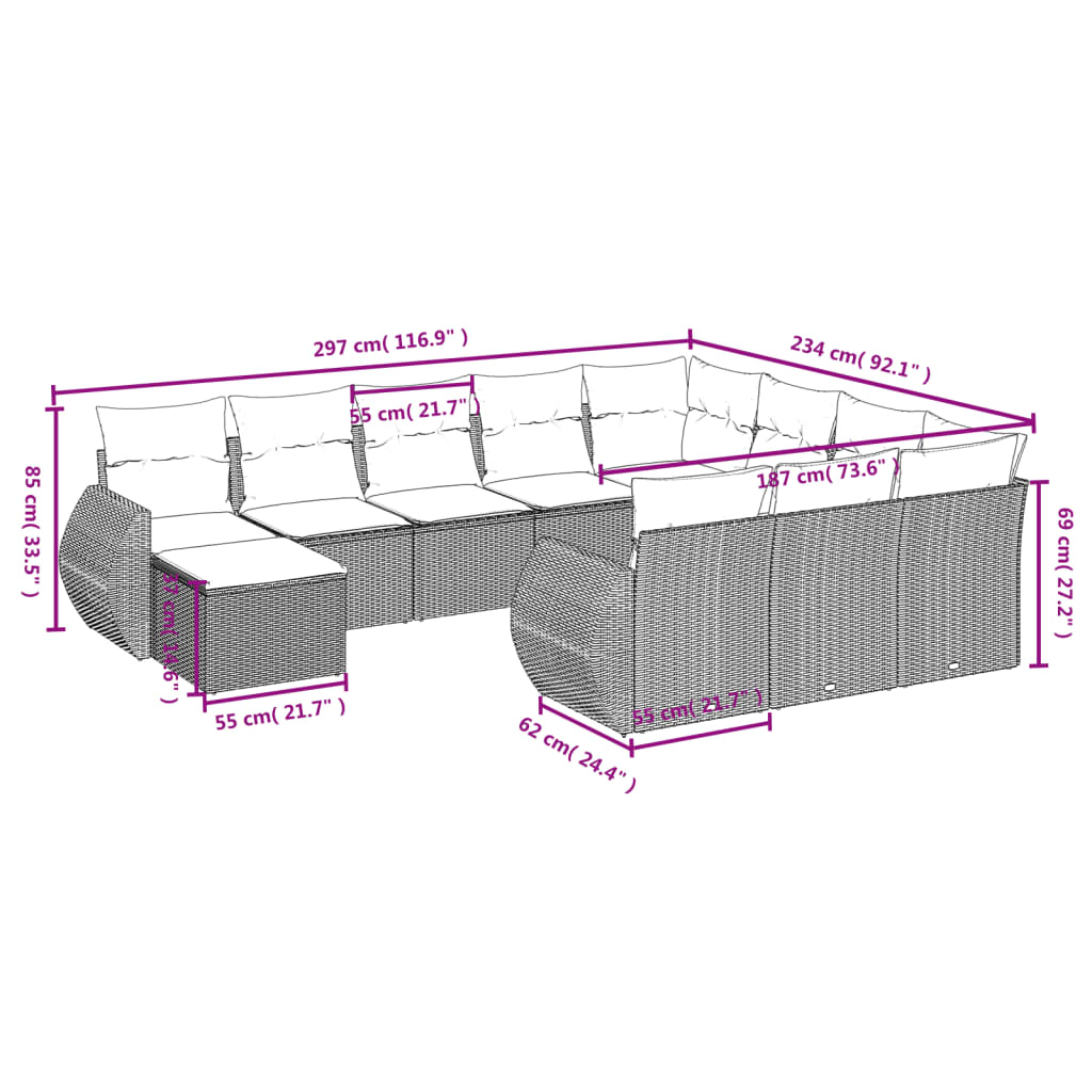 11-tlg. Garten-Sofagarnitur mit Kissen Grau Poly Rattan