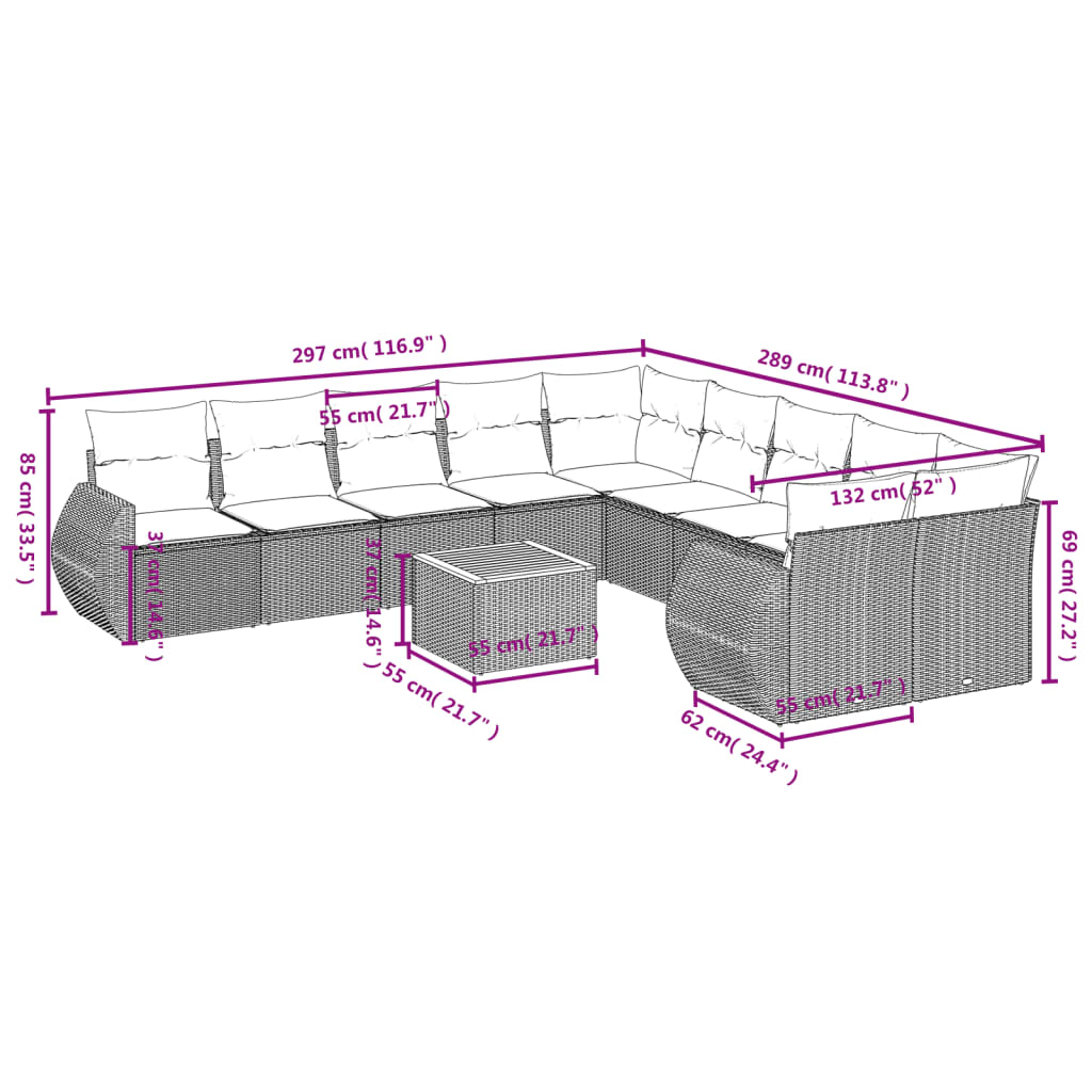 11-tlg. Garten-Sofagarnitur mit Kissen Schwarz Poly Rattan