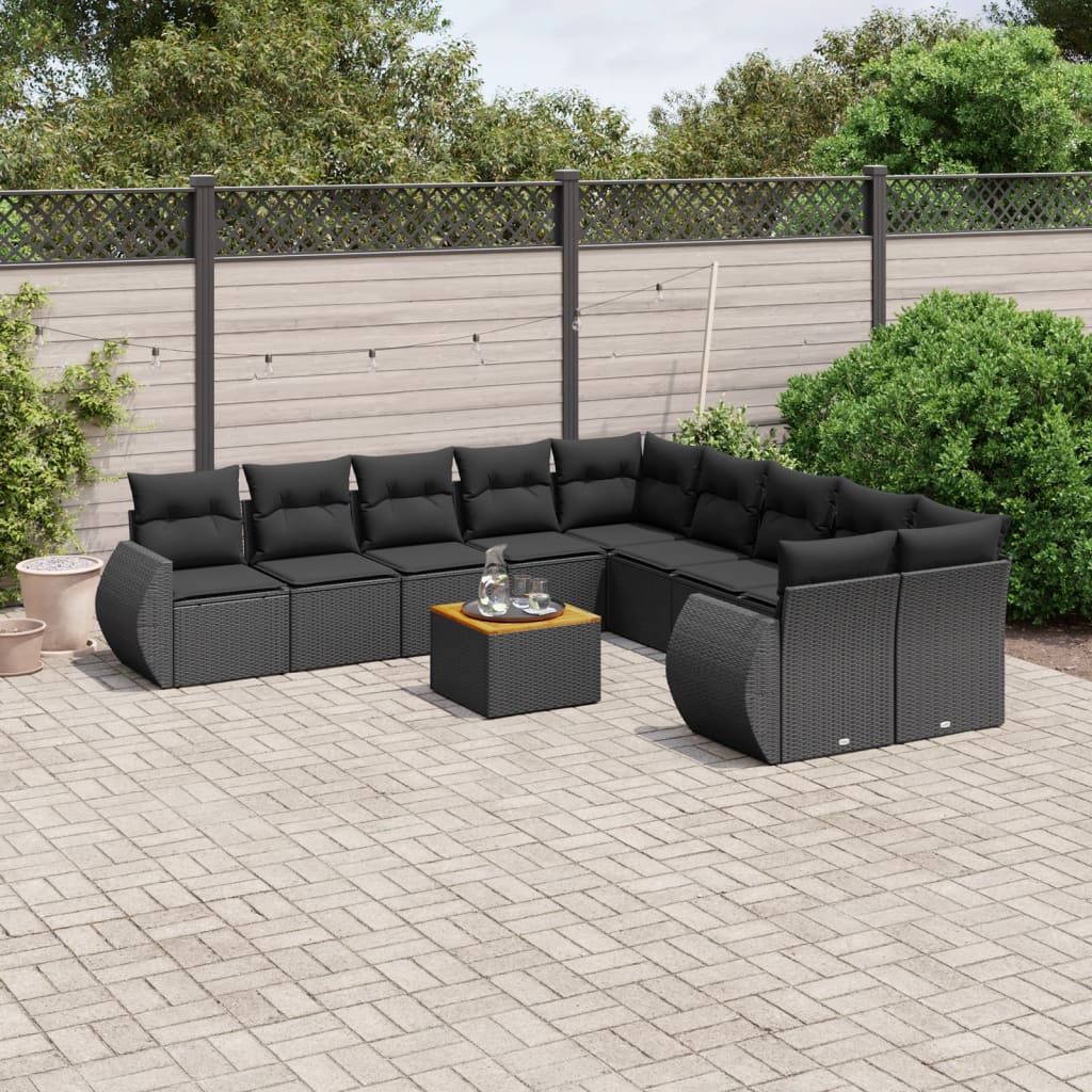 11-tlg. Garten-Sofagarnitur mit Kissen Schwarz Poly Rattan