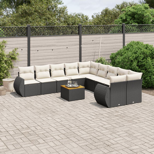 11-tlg. Garten-Sofagarnitur mit Kissen Schwarz Poly Rattan