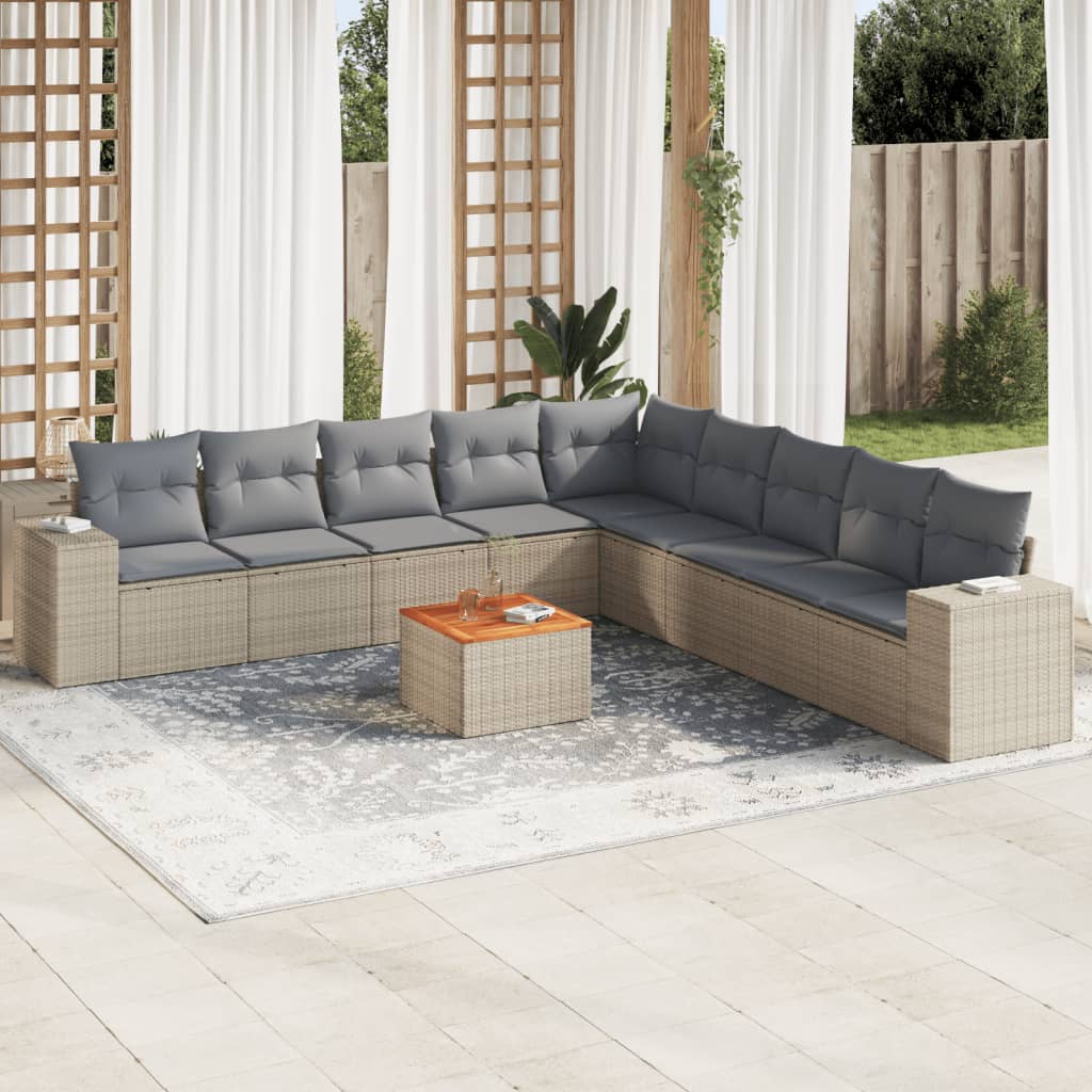 10-tlg. Garten-Sofagarnitur mit Kissen Beige Poly Rattan