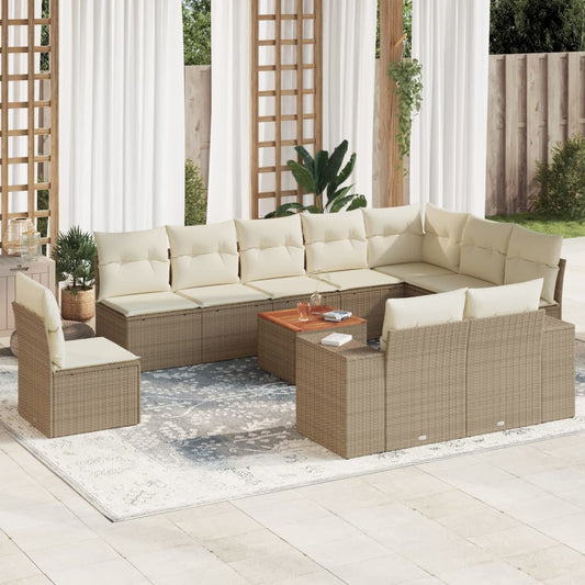 11-tlg. Garten-Sofagarnitur mit Kissen Beige Poly Rattan