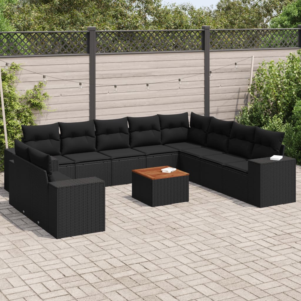 11-tlg. Garten-Sofagarnitur mit Kissen Schwarz Poly Rattan