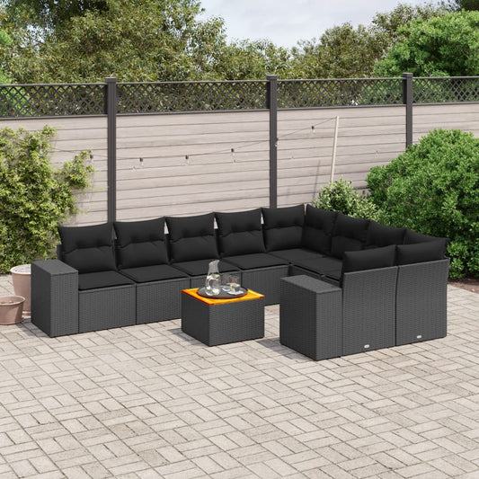 10-tlg. Garten-Sofagarnitur mit Kissen Schwarz Poly Rattan