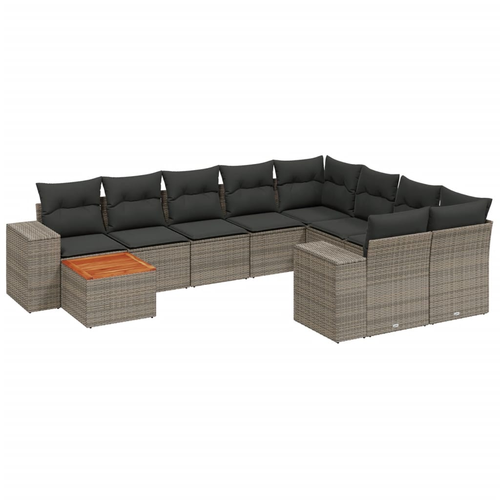 10-tlg. Garten-Sofagarnitur mit Kissen Grau Poly Rattan