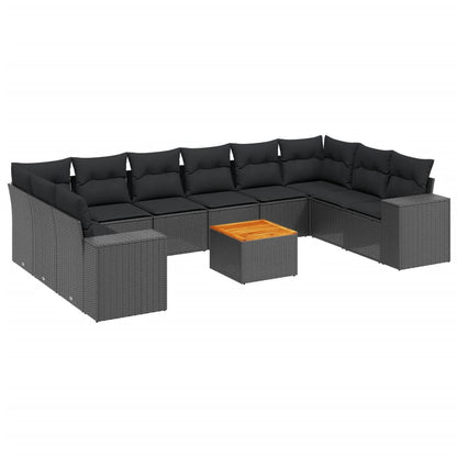 11-tlg. Garten-Sofagarnitur mit Kissen Schwarz Poly Rattan