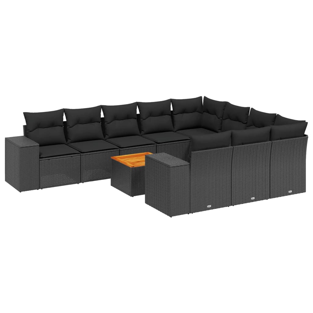 11-tlg. Garten-Sofagarnitur mit Kissen Schwarz Poly Rattan