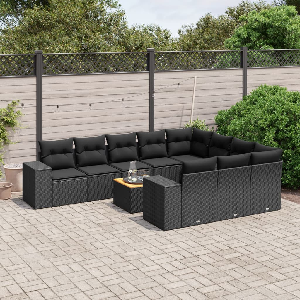 11-tlg. Garten-Sofagarnitur mit Kissen Schwarz Poly Rattan