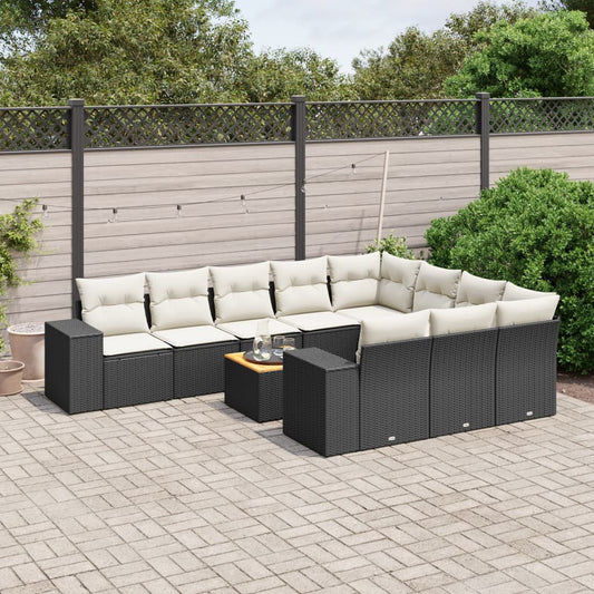 11-tlg. Garten-Sofagarnitur mit Kissen Schwarz Poly Rattan