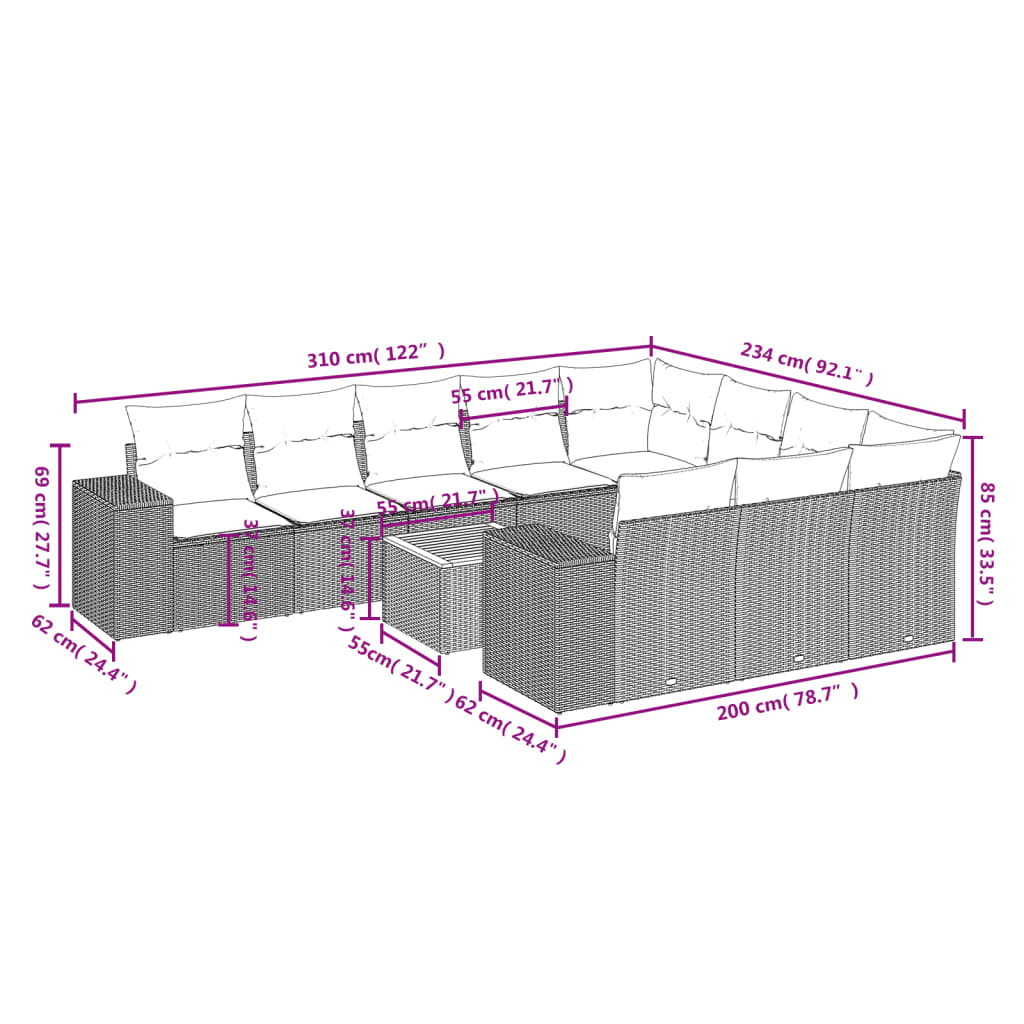 11-tlg. Garten-Sofagarnitur mit Kissen Grau Poly Rattan