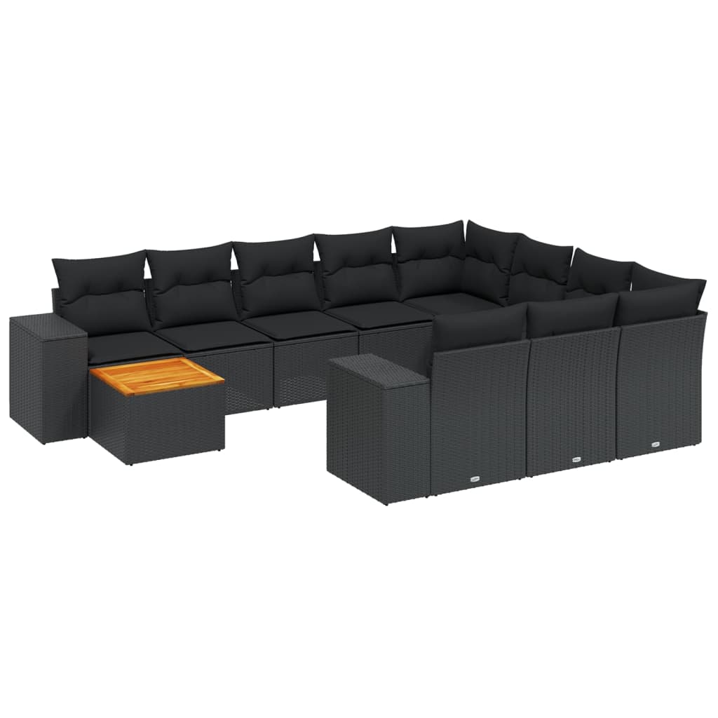 11-tlg. Garten-Sofagarnitur mit Kissen Schwarz Poly Rattan