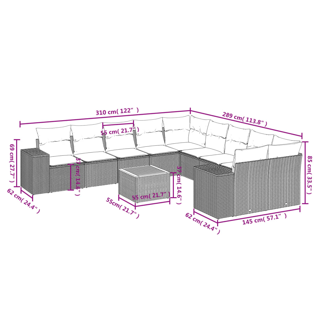 11-tlg. Garten-Sofagarnitur mit Kissen Schwarz Poly Rattan