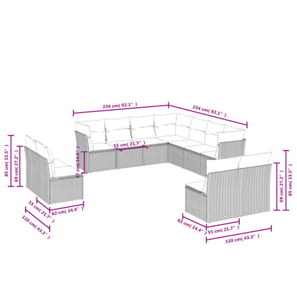 11-tlg. Garten-Sofagarnitur mit Kissen Schwarz Poly Rattan